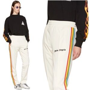 Palm Angels White Track Pants with Rainbow Stripes | Size M